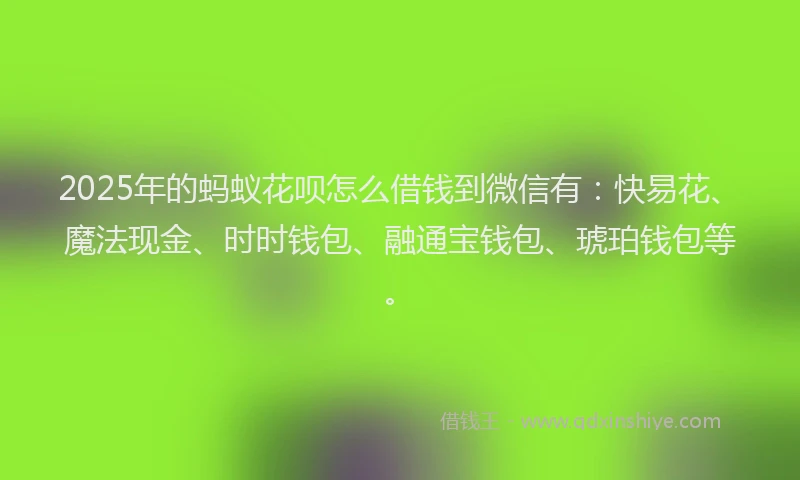 2025年的蚂蚁花呗怎么借钱到微信有：快易花、魔法现金、时时钱包、融通宝钱包、琥珀钱包等。