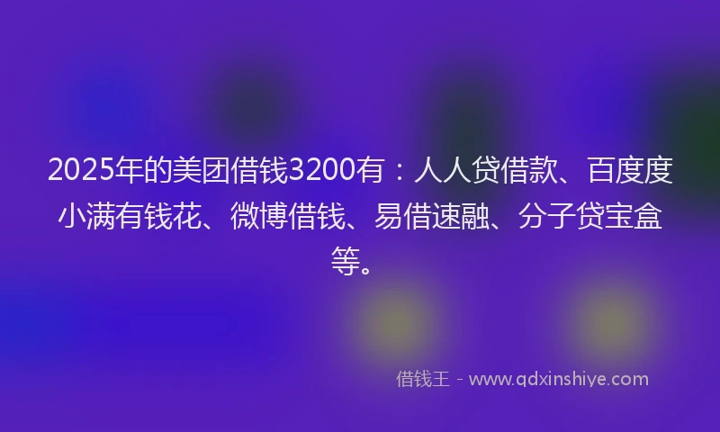 2025年的美团借钱3200有：人人贷借款、百度度小满有钱花、微博借钱、易借速融、分子贷宝盒等。