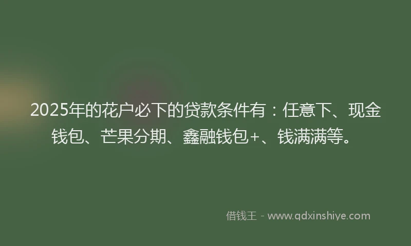2025年的花户必下的贷款条件有：任意下、现金钱包、芒果分期、鑫融钱包+、钱满满等。