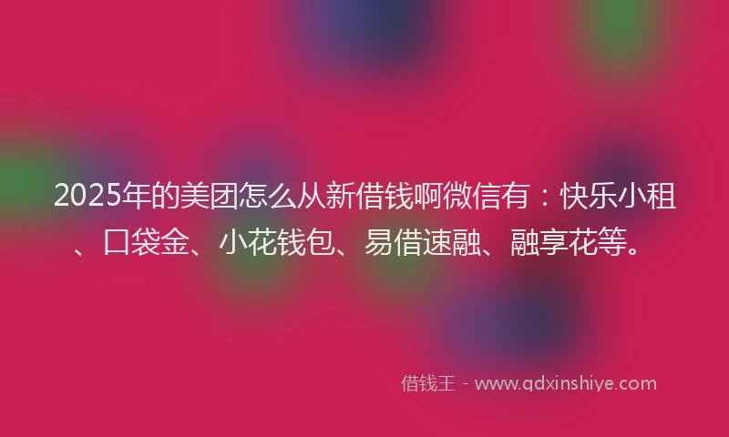 2025年的美团怎么从新借钱啊微信有：快乐小租、口袋金、小花钱包、易借速融、融享花等。