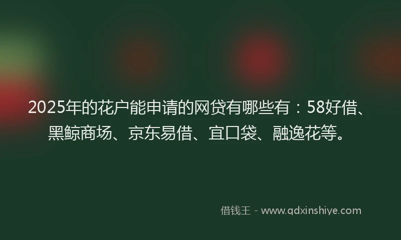 2025年的花户能申请的网贷有哪些有：58好借、黑鲸商场、京东易借、宜口袋、融逸花等。