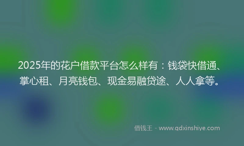 2025年的花户借款平台怎么样有：钱袋快借通、掌心租、月亮钱包、现金易融贷途、人人拿等。