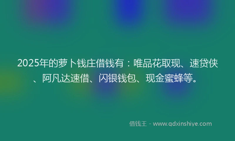 2025年的萝卜钱庄借钱有：唯品花取现、速贷侠、阿凡达速借、闪银钱包、现金蜜蜂等。