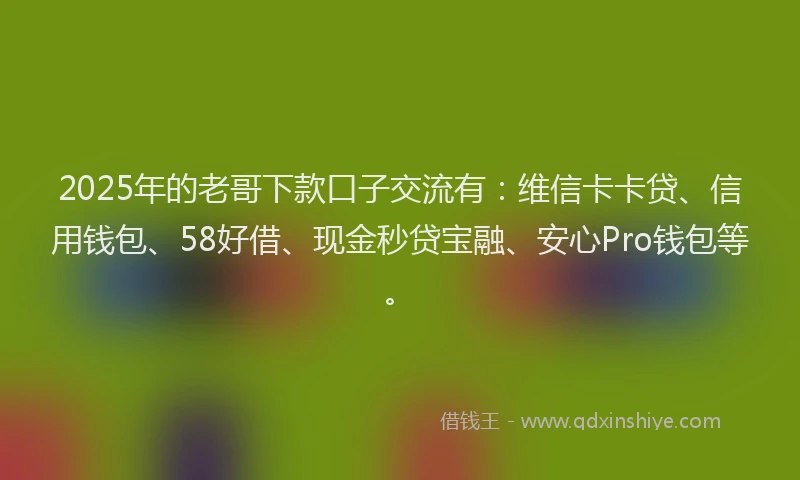 2025年的老哥下款口子交流有：维信卡卡贷、信用钱包、58好借、现金秒贷宝融、安心Pro钱包等。