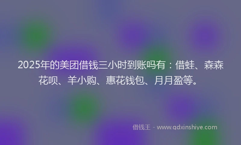 2025年的美团借钱三小时到账吗有：借蛙、森森花呗、羊小购、惠花钱包、月月盈等。