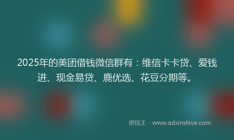 2025年的美团借钱微信群有：维信卡卡贷、爱钱进、现金易贷、鹿优选、花豆分期等。