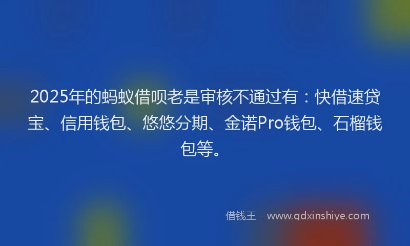 2025年的蚂蚁借呗老是审核不通过有：快借速贷宝、信用钱包、悠悠分期、金诺Pro钱包、石榴钱包等。
