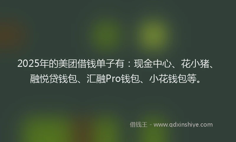 2025年的美团借钱单子有：现金中心、花小猪、融悦贷钱包、汇融Pro钱包、小花钱包等。