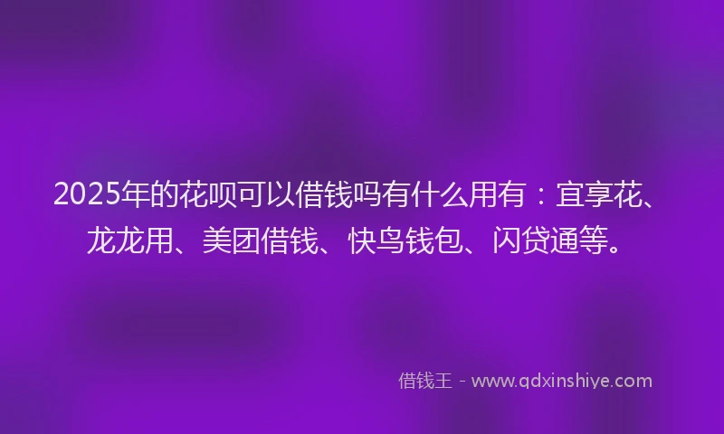 2025年的花呗可以借钱吗有什么用有：宜享花、龙龙用、美团借钱、快鸟钱包、闪贷通等。