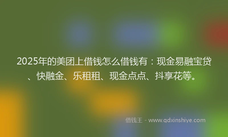 2025年的美团上借钱怎么借钱有：现金易融宝贷、快融金、乐租租、现金点点、抖享花等。