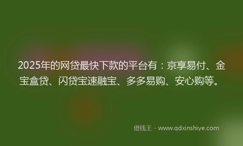 2025年的网贷最快下款的平台有：京享易付、金宝盒贷、闪贷宝速融宝、多多易购、安心购等。