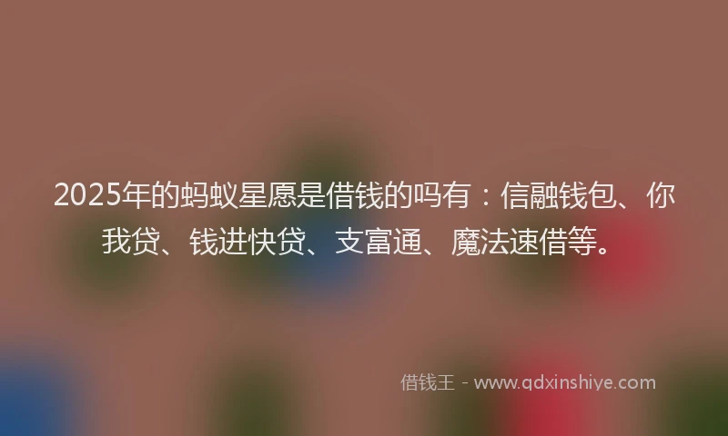 2025年的蚂蚁星愿是借钱的吗有：信融钱包、你我贷、钱进快贷、支富通、魔法速借等。