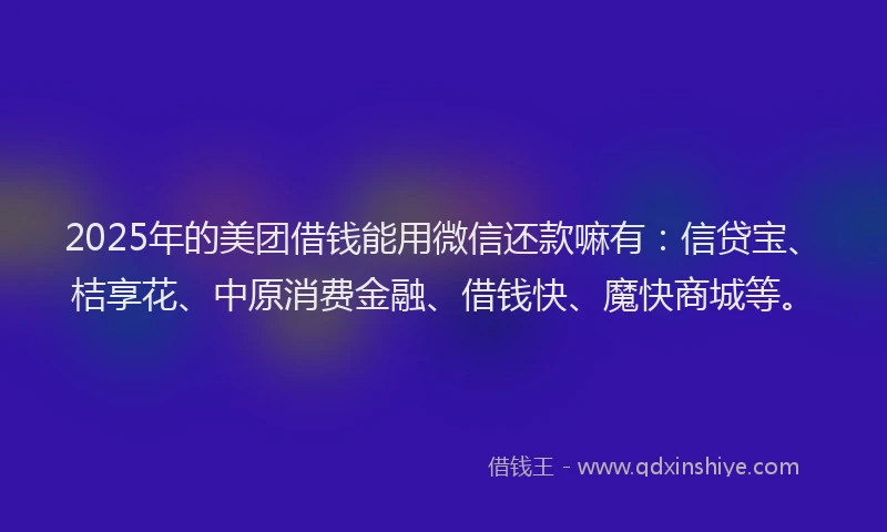 2025年的美团借钱能用微信还款嘛有：信贷宝、桔享花、中原消费金融、借钱快、魔快商城等。
