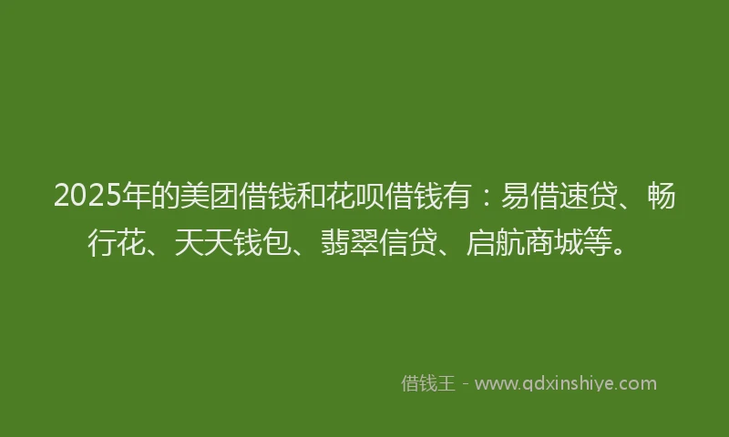 2025年的美团借钱和花呗借钱有：易借速贷、畅行花、天天钱包、翡翠信贷、启航商城等。