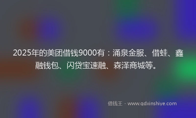 2025年的美团借钱9000有：涌泉金服、借蛙、鑫融钱包、闪贷宝速融、森泽商城等。