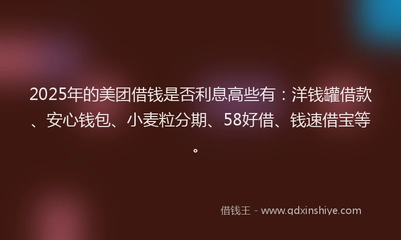 2025年的美团借钱是否利息高些有：洋钱罐借款、安心钱包、小麦粒分期、58好借、钱速借宝等。