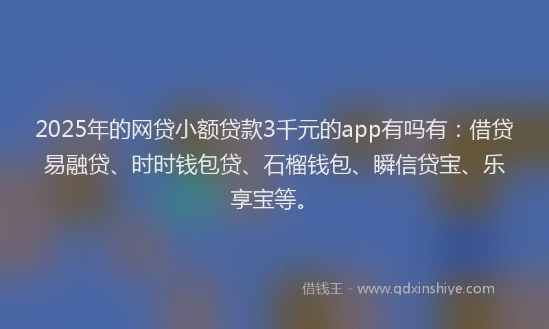 2025年的网贷小额贷款3千元的app有吗有：借贷易融贷、时时钱包贷、石榴钱包、瞬信贷宝、乐享宝等。