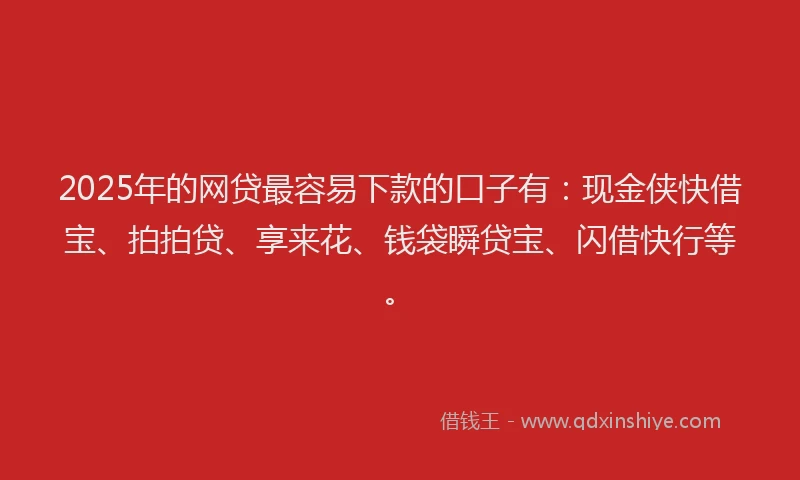 2025年的网贷最容易下款的口子有：现金侠快借宝、拍拍贷、享来花、钱袋瞬贷宝、闪借快行等。