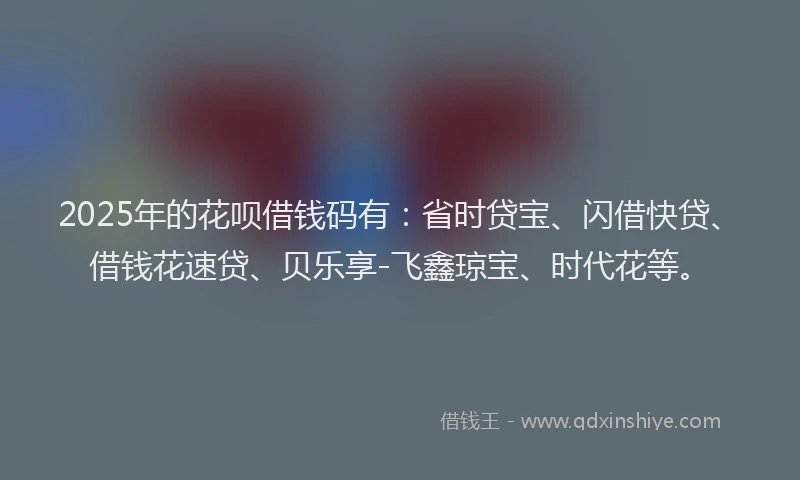 2025年的花呗借钱码有：省时贷宝、闪借快贷、借钱花速贷、贝乐享-飞鑫琼宝、时代花等。