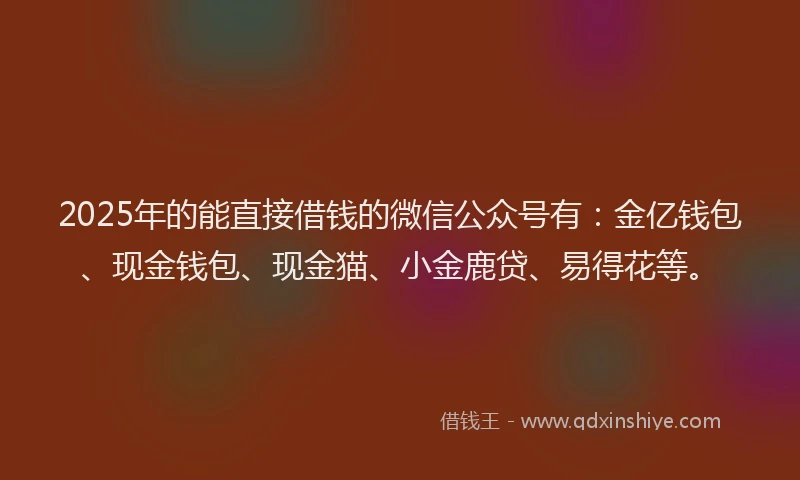 2025年的能直接借钱的微信公众号有：金亿钱包、现金钱包、现金猫、小金鹿贷、易得花等。