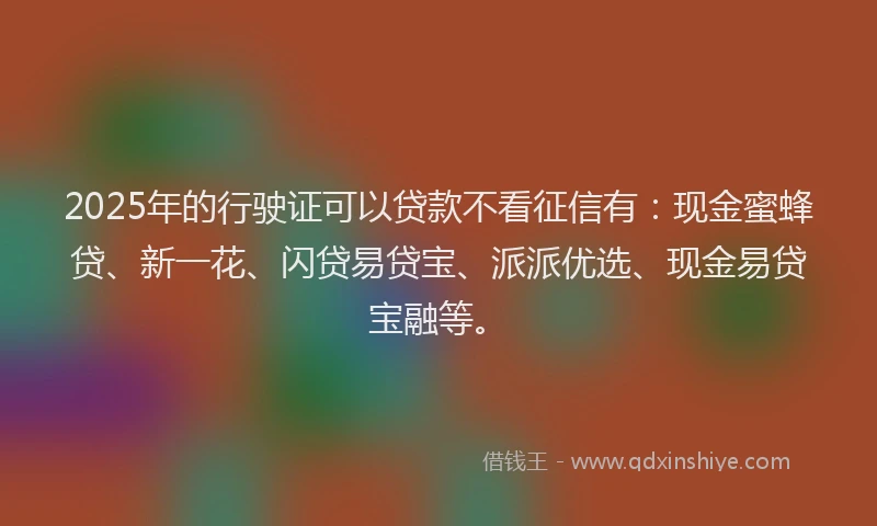 2025年的行驶证可以贷款不看征信有：现金蜜蜂贷、新一花、闪贷易贷宝、派派优选、现金易贷宝融等。