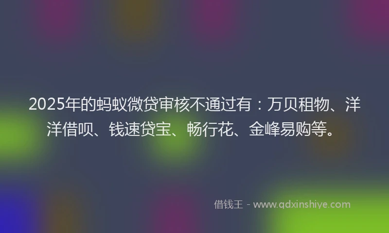 2025年的蚂蚁微贷审核不通过有：万贝租物、洋洋借呗、钱速贷宝、畅行花、金峰易购等。