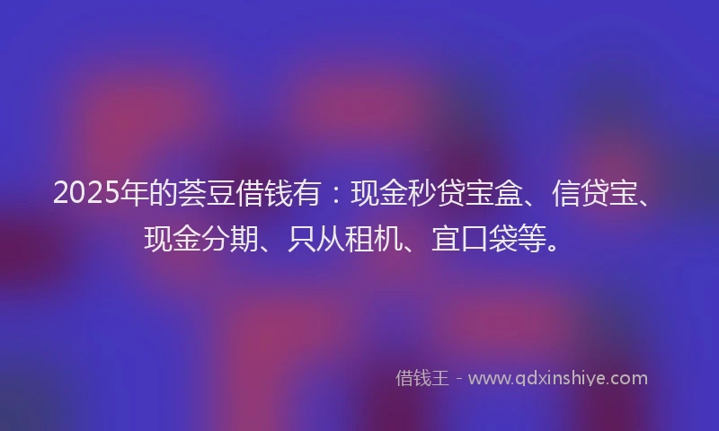 2025年的荟豆借钱有：现金秒贷宝盒、信贷宝、现金分期、只从租机、宜口袋等。