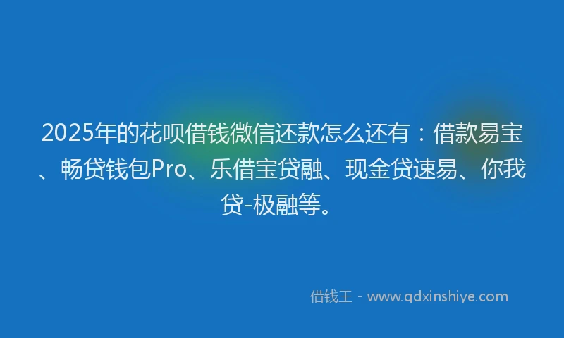 2025年的花呗借钱微信还款怎么还有：借款易宝、畅贷钱包Pro、乐借宝贷融、现金贷速易、你我贷-极融等。