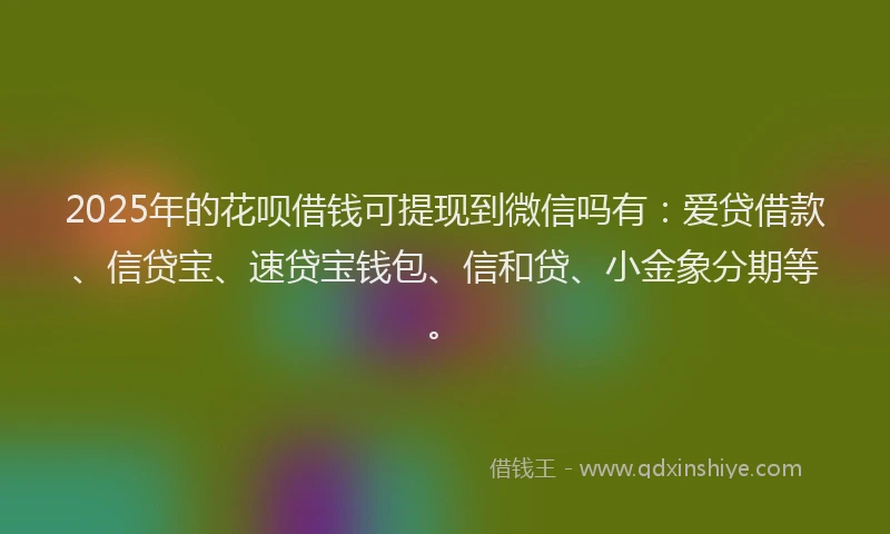2025年的花呗借钱可提现到微信吗有：爱贷借款、信贷宝、速贷宝钱包、信和贷、小金象分期等。