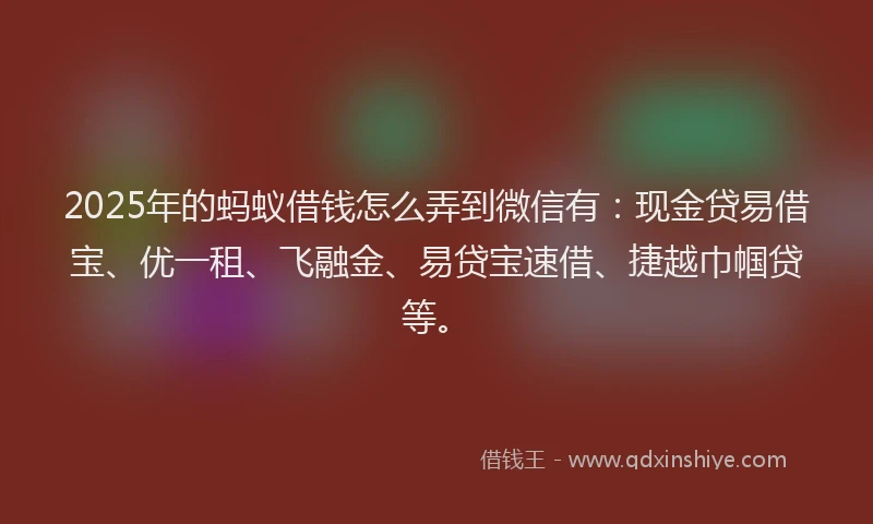 2025年的蚂蚁借钱怎么弄到微信有：现金贷易借宝、优一租、飞融金、易贷宝速借、捷越巾帼贷等。