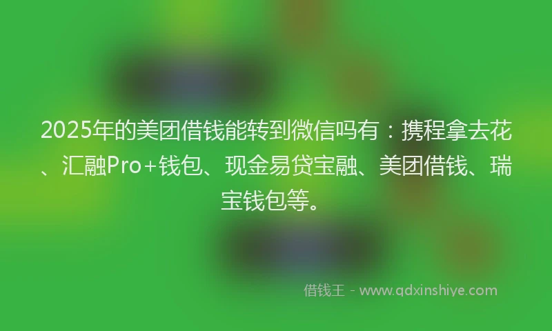 2025年的美团借钱能转到微信吗有：携程拿去花、汇融Pro+钱包、现金易贷宝融、美团借钱、瑞宝钱包等。