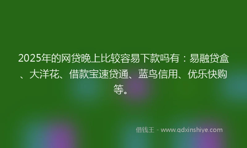 2025年的网贷晚上比较容易下款吗有：易融贷盒、大洋花、借款宝速贷通、蓝鸟信用、优乐快购等。