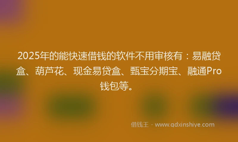 2025年的能快速借钱的软件不用审核有：易融贷盒、葫芦花、现金易贷盒、甄宝分期宝、融通Pro钱包等。