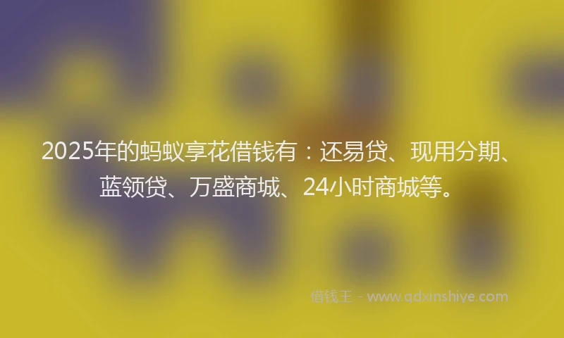 2025年的蚂蚁享花借钱有：还易贷、现用分期、蓝领贷、万盛商城、24小时商城等。