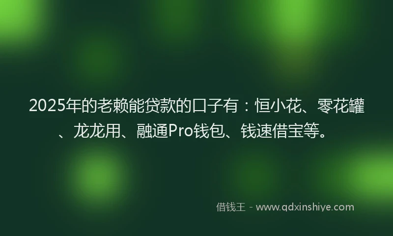2025年的老赖能贷款的口子有：恒小花、零花罐、龙龙用、融通Pro钱包、钱速借宝等。