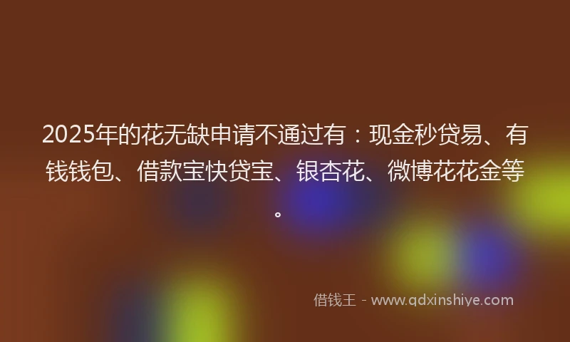 2025年的花无缺申请不通过有：现金秒贷易、有钱钱包、借款宝快贷宝、银杏花、微博花花金等。