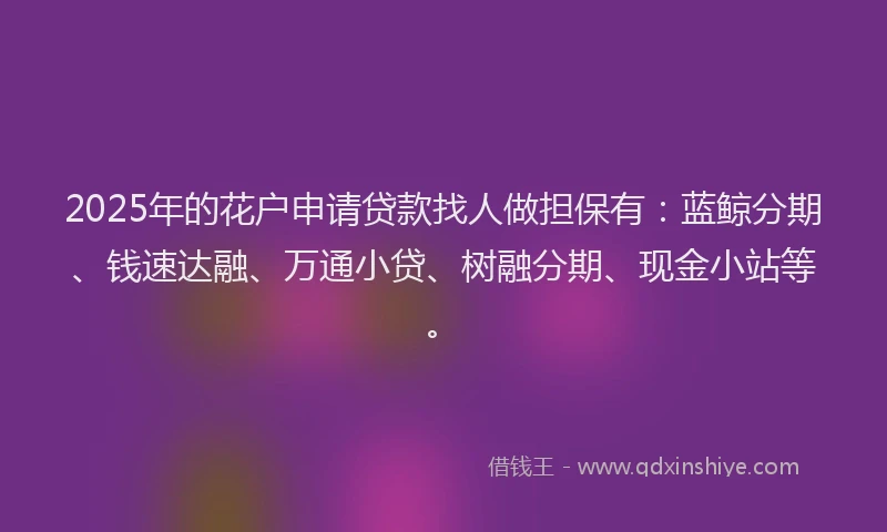 2025年的花户申请贷款找人做担保有：蓝鲸分期、钱速达融、万通小贷、树融分期、现金小站等。