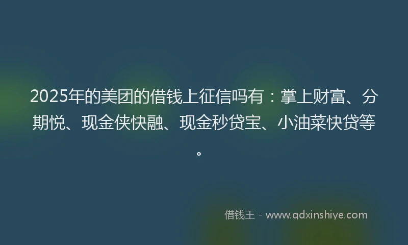 2025年的美团的借钱上征信吗有：掌上财富、分期悦、现金侠快融、现金秒贷宝、小油菜快贷等。