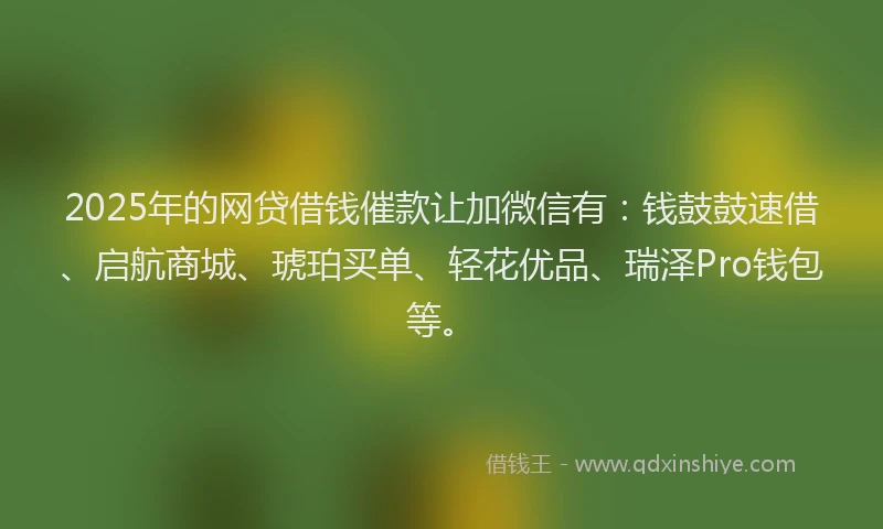 2025年的网贷借钱催款让加微信有：钱鼓鼓速借、启航商城、琥珀买单、轻花优品、瑞泽Pro钱包等。