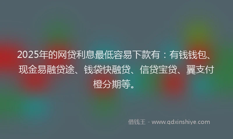 2025年的网贷利息最低容易下款有：有钱钱包、现金易融贷途、钱袋快融贷、信贷宝贷、翼支付橙分期等。