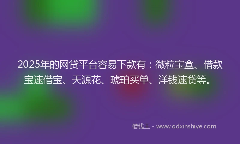 2025年的网贷平台容易下款有：微粒宝盒、借款宝速借宝、天源花、琥珀买单、洋钱速贷等。