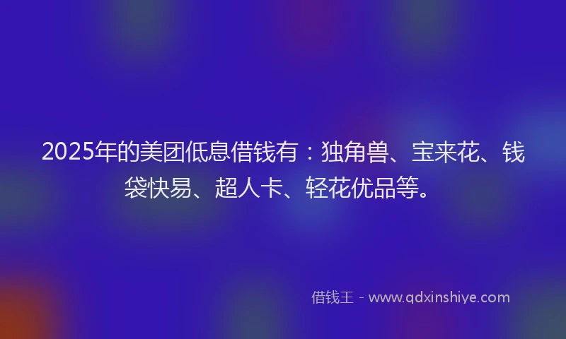 2025年的美团低息借钱有：独角兽、宝来花、钱袋快易、超人卡、轻花优品等。