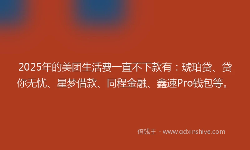 2025年的美团生活费一直不下款有：琥珀贷、贷你无忧、星梦借款、同程金融、鑫速Pro钱包等。