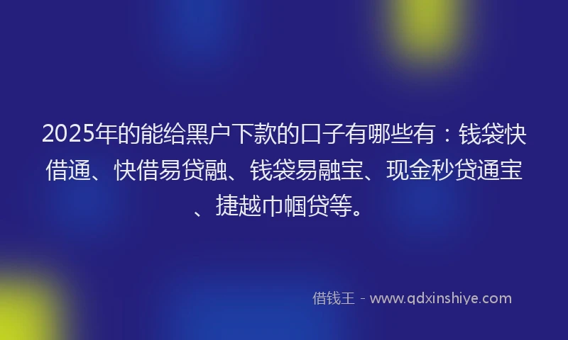 2025年的能给黑户下款的口子有哪些有：钱袋快借通、快借易贷融、钱袋易融宝、现金秒贷通宝、捷越巾帼贷等。
