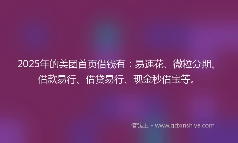 2025年的美团首页借钱有：易速花、微粒分期、借款易行、借贷易行、现金秒借宝等。
