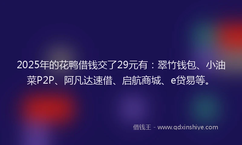 2025年的花鸭借钱交了29元有：翠竹钱包、小油菜P2P、阿凡达速借、启航商城、e贷易等。