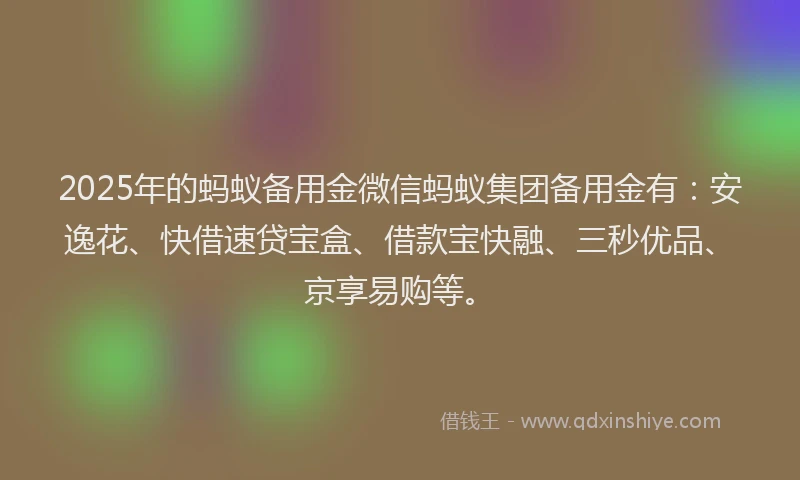 2025年的蚂蚁备用金微信蚂蚁集团备用金有：安逸花、快借速贷宝盒、借款宝快融、三秒优品、京享易购等。