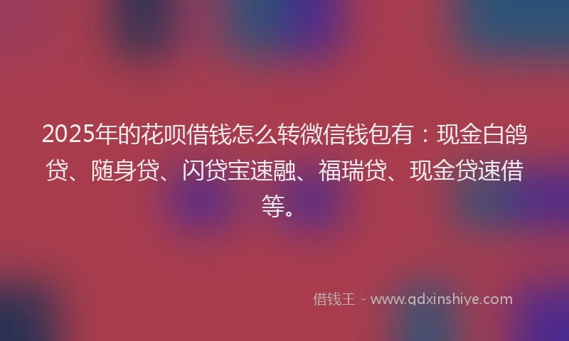 2025年的花呗借钱怎么转微信钱包有：现金白鸽贷、随身贷、闪贷宝速融、福瑞贷、现金贷速借等。
