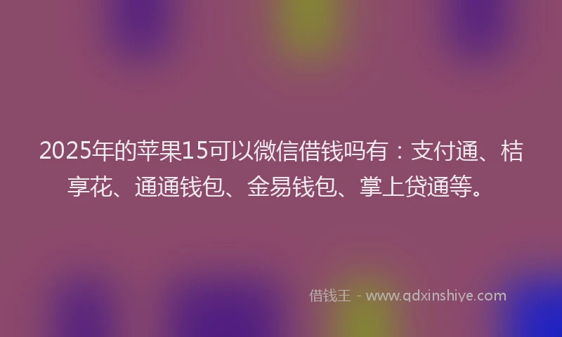 2025年的苹果15可以微信借钱吗有：支付通、桔享花、通通钱包、金易钱包、掌上贷通等。