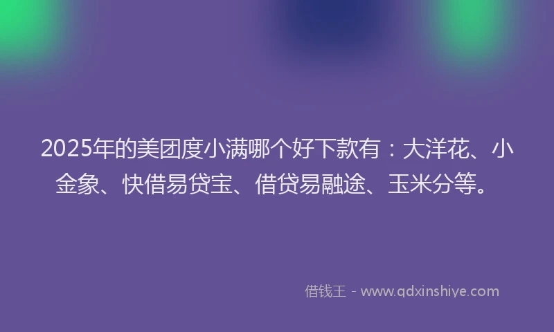 2025年的美团度小满哪个好下款有：大洋花、小金象、快借易贷宝、借贷易融途、玉米分等。